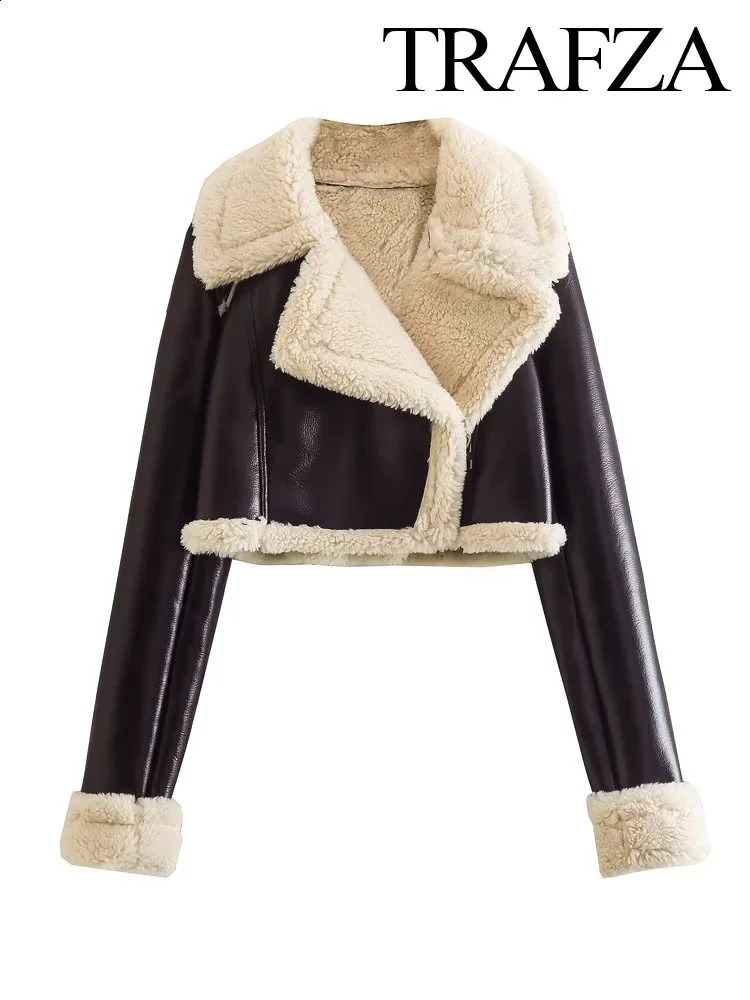 TRAFZA Womens Winter Warm Thick Lapel Lamb Wool Jacket Fashion Solid Color Zipper Jacket Womens Retro Lapel Long Sleeve Jacket 250804