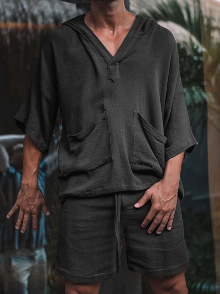 Fashion Men Two Piece Set Casual Cotton Linen Solid Loose Outfits Summer Half Sleeve V-Neck T-Shirt And Shorts Suits For Mens 250811