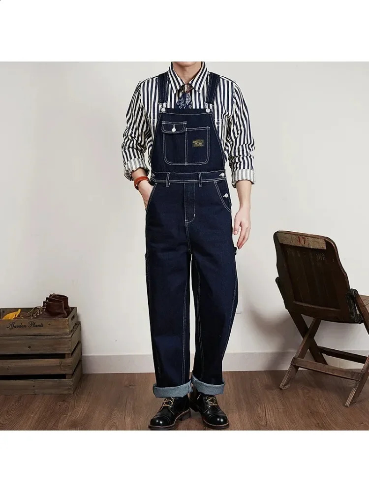 American Vintage Raw Blue Denim Jumpsuits for Men Vertical Striped Wide Leg Loose Straight Overalls Pants Jeans Amekaji Workwear 250729