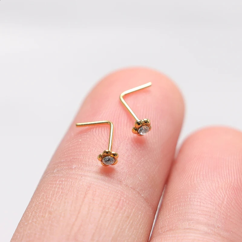10pcs/lot Nose Studs L Shaped Clear Crystal 925 Sterling Silver Nose Piercing Stud Flower Nostril Jewelry color Gold 250807