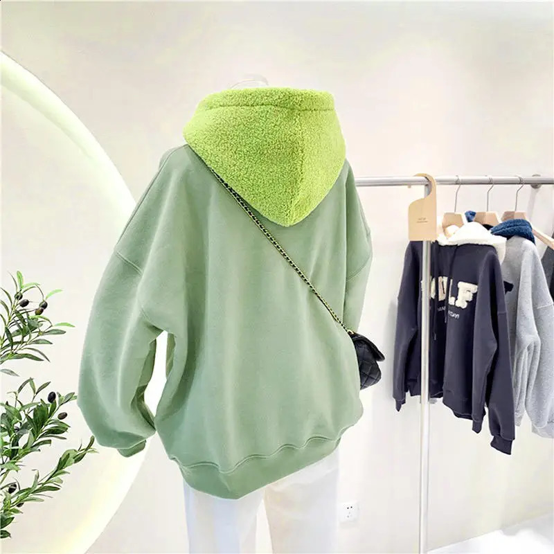 Fashion Patchwork Oversize Sweatshirt Women Winter Casual Loose Cotton Thick Letter Long Sleeve Hoodies Female Streetwear 250804