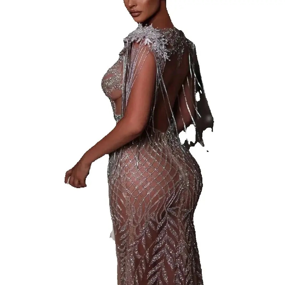 Illusion Backless Evening Dresses Customized Sexy Sequined Appliques Prom Dress Sleeveless Sweep Train Tassels Party Gown