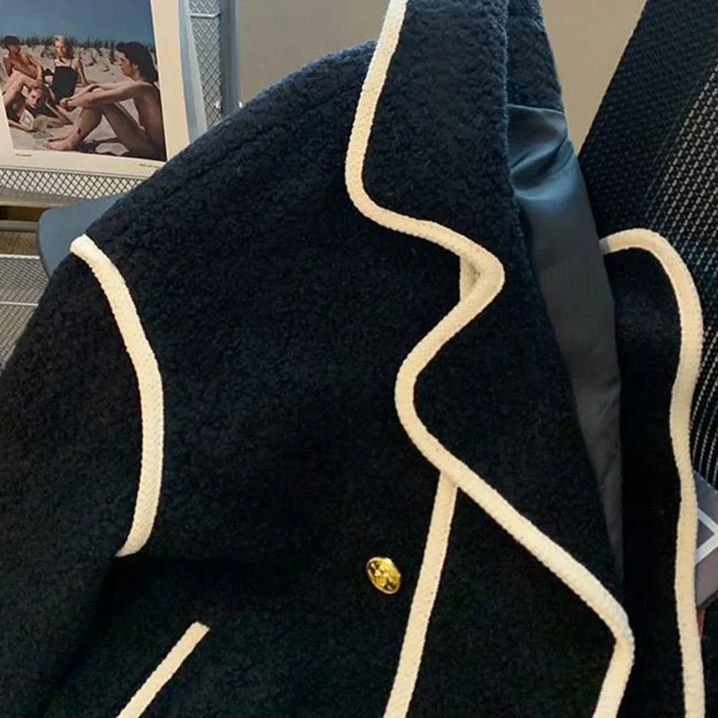 Autumn Winter Turn Down Collar Lambwool Coat Women Vintage Splices Loose Jackets Female Thicken Outwears Jacket 250809