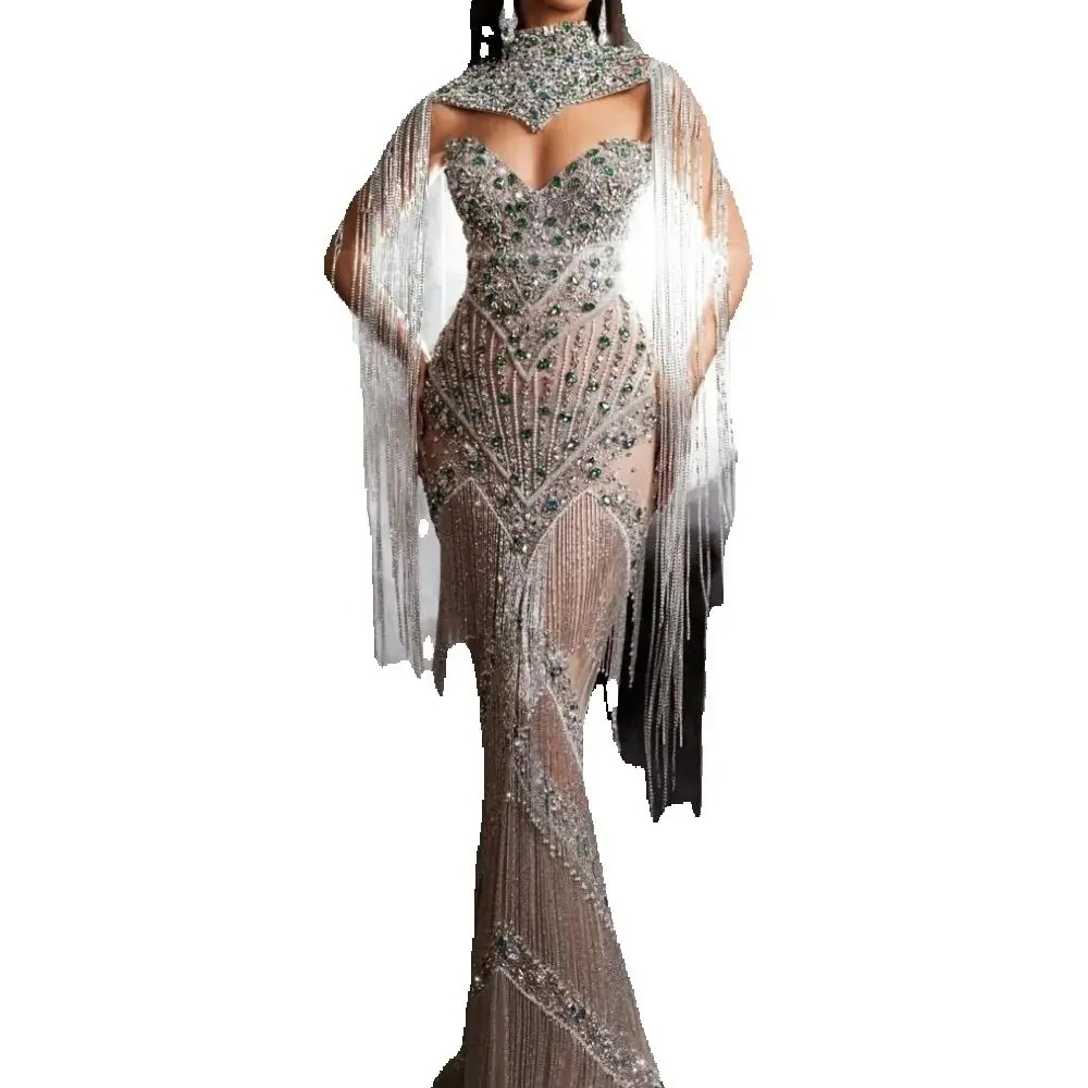 Luxurious High Neck Evening Dresses Customized Sexy Crystal Tassels Prom Dress Sequined Floor Length Party Gown