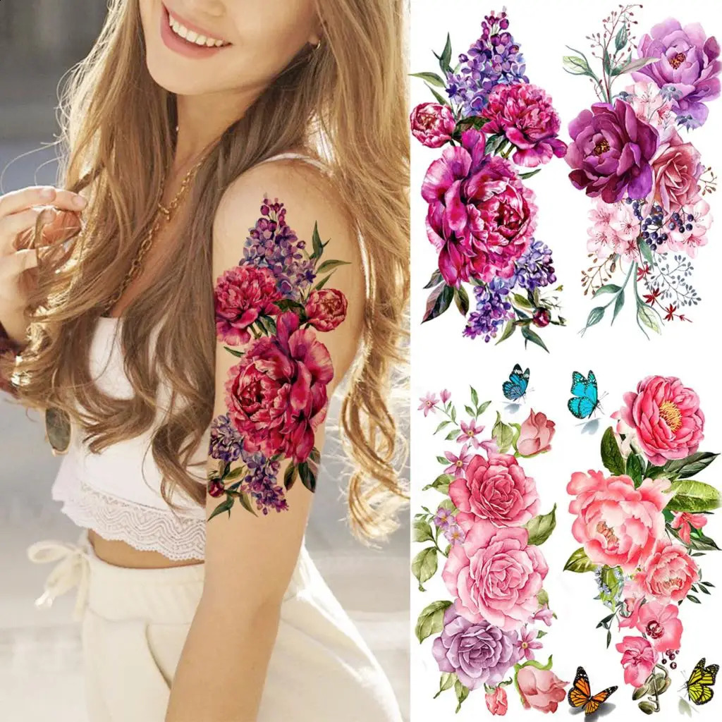 Watercolor Peony Flower Temporary Tattoos For Women Adult Girl Rose Butterfly Tattoo Stylish Waterproof Arm Tatoos Sticker 250809