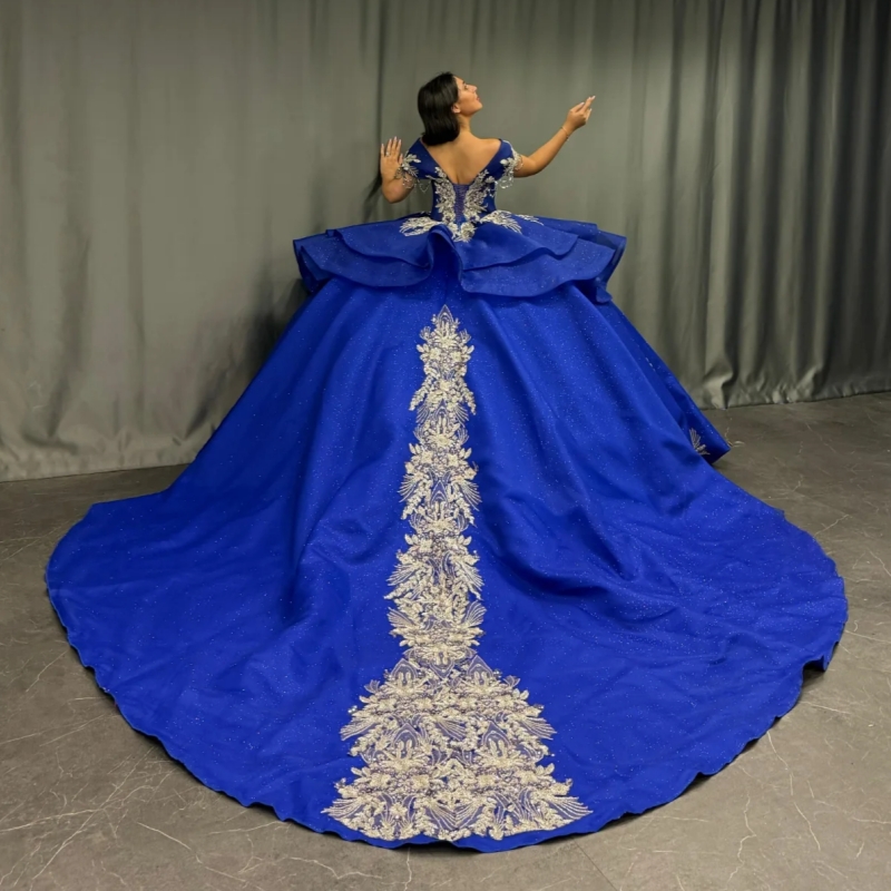Royal Blue Shiny Quinceanera Dresses Off The Shoulder Sequin Applique Lace Beading Tull Party Birthday Ball Gown Vestidos De 15 Anos