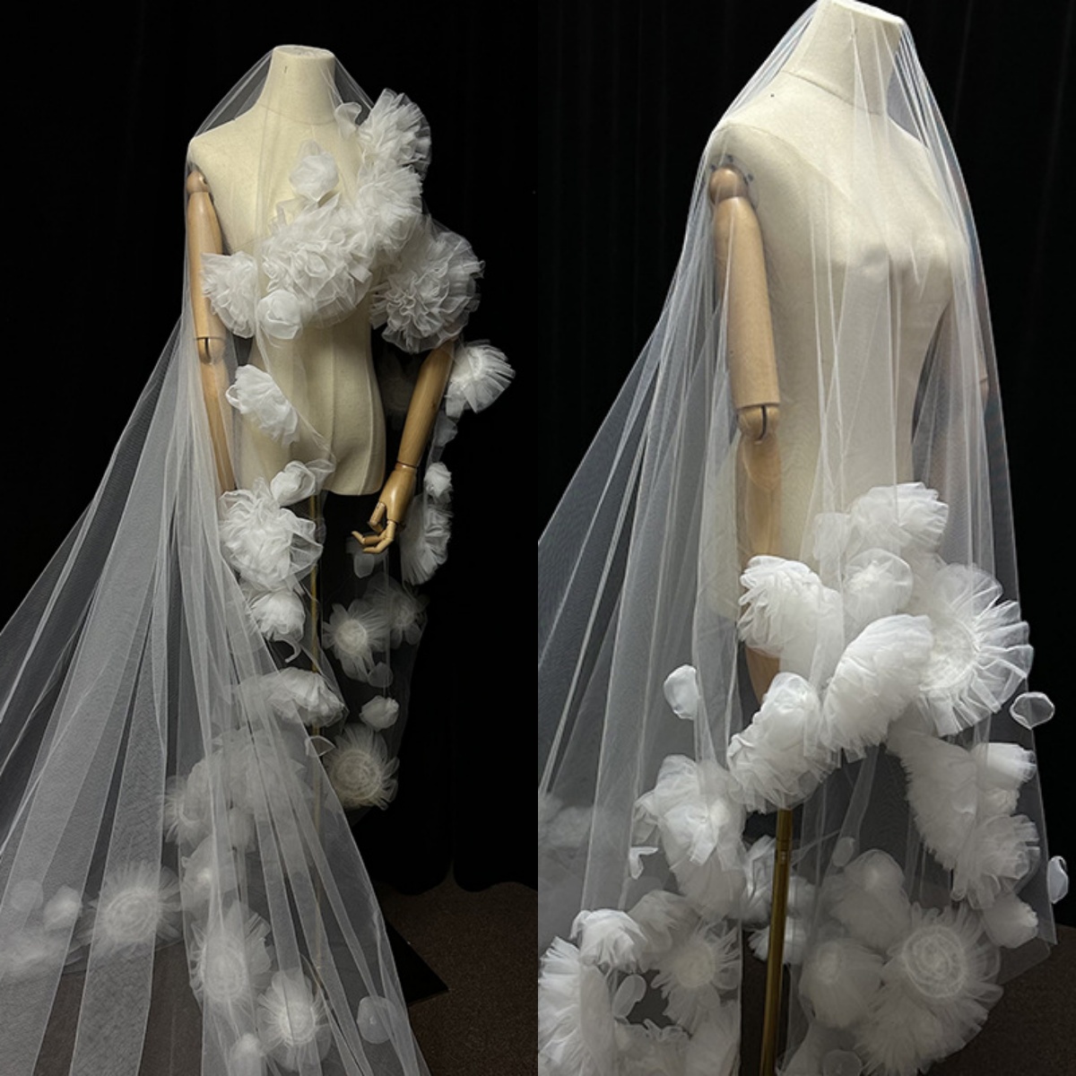Vintage Long Bridal Veils 3D Flowers One Layer 3M Cathedral Length Wedding Veils Soft Tulle Wedding Accessories