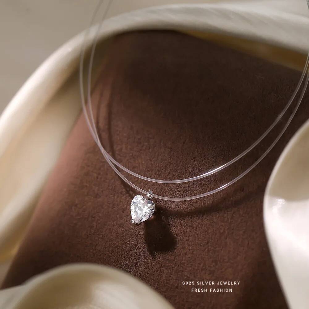 Sterling Sier Shining Zirconia Heart Pendant Rope Necklace for Women Versatile Temperament Jewelry Accessories