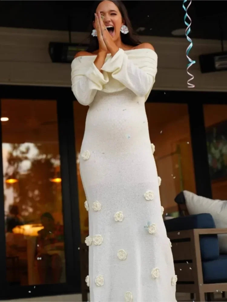 Off Shoulder Knitted Long Dresses Elegant Flowers Beach Maxi Dress Fashion Slim Party Robes Chic Lady Evening Gown 250805