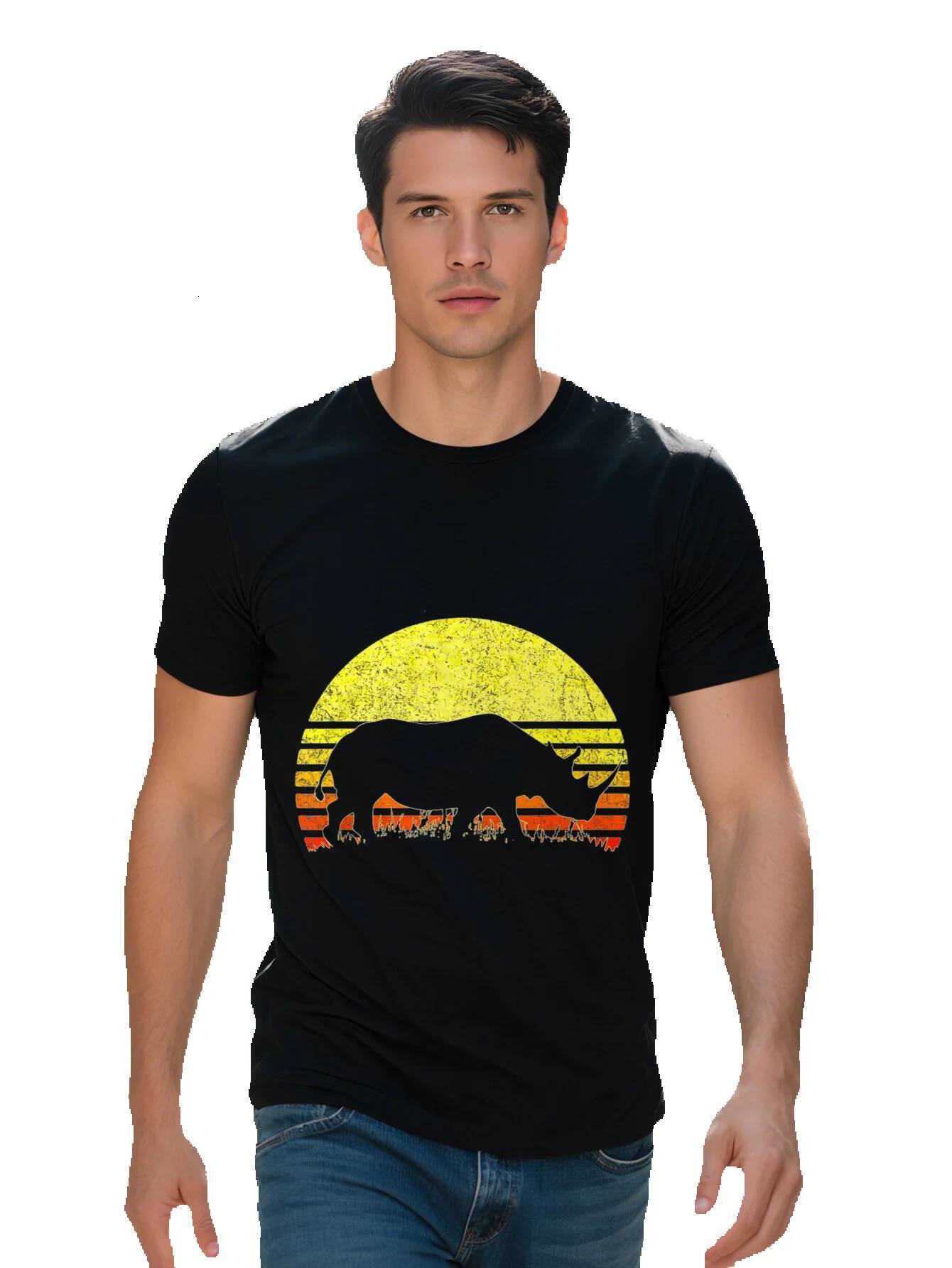 Men's Vintage Rhino Sunset T-Shirt Cotton Short Sleeve African Animal Design Black with Orange Yellow Gradient d079c 08a18