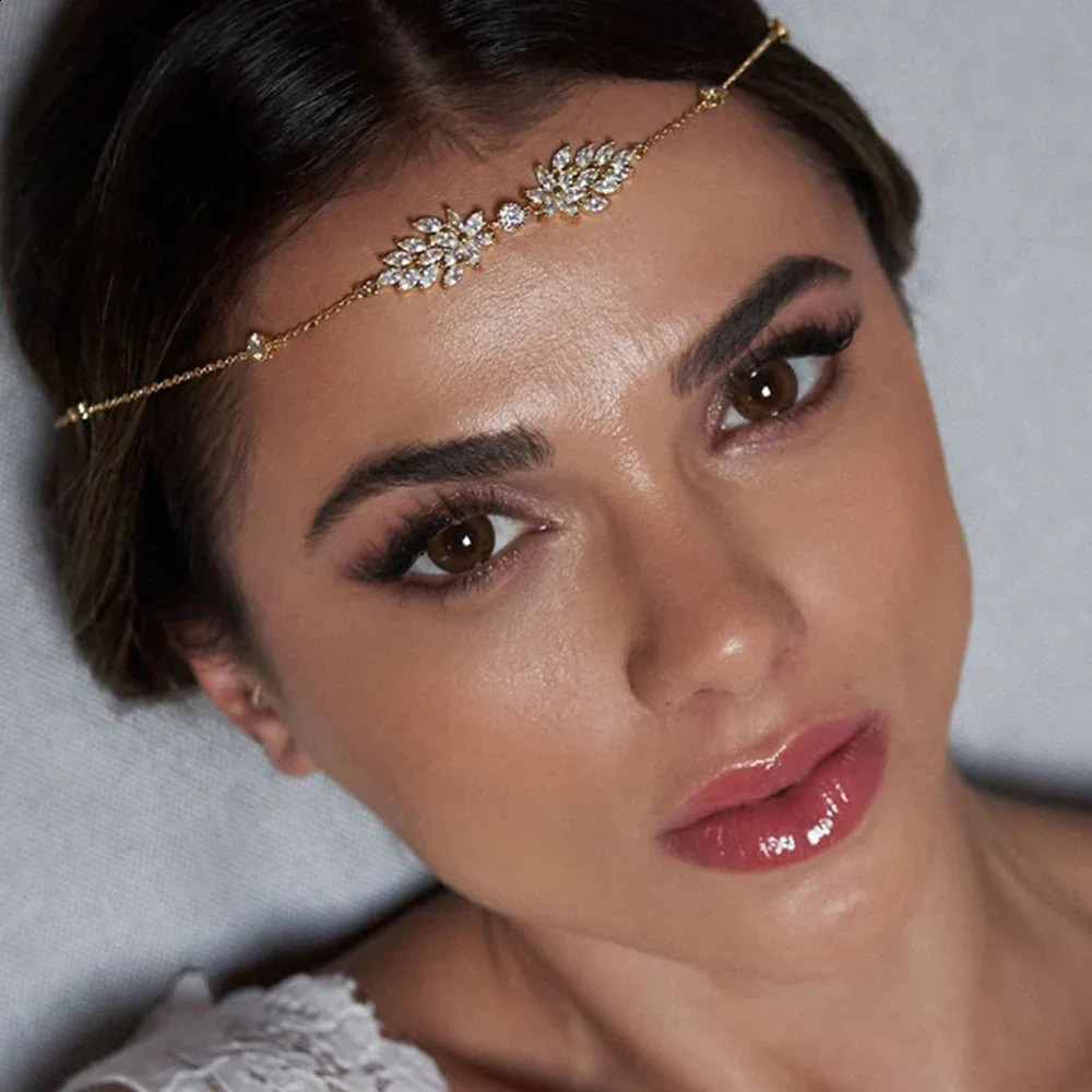 Fashion Leaf Zircon Forehead Chain Headpiece Wedding Accessories Bridal Hairband Simple Boho Head Indian Jewelry Gift 250804