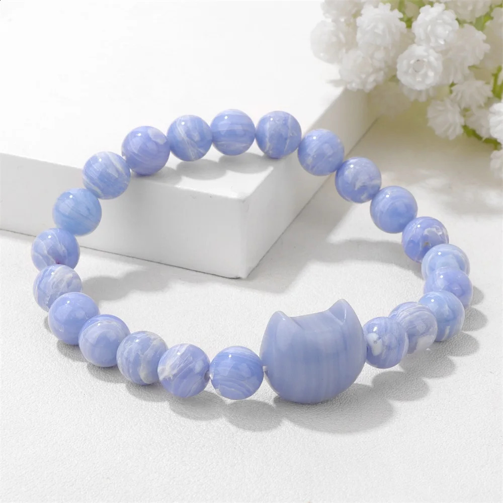 Unique Cute Cat Head Stone Bracelet For Women Natural Beaded Blue Lace Agates Bracelet Men Elastic Jewelry Friendship Party 250805