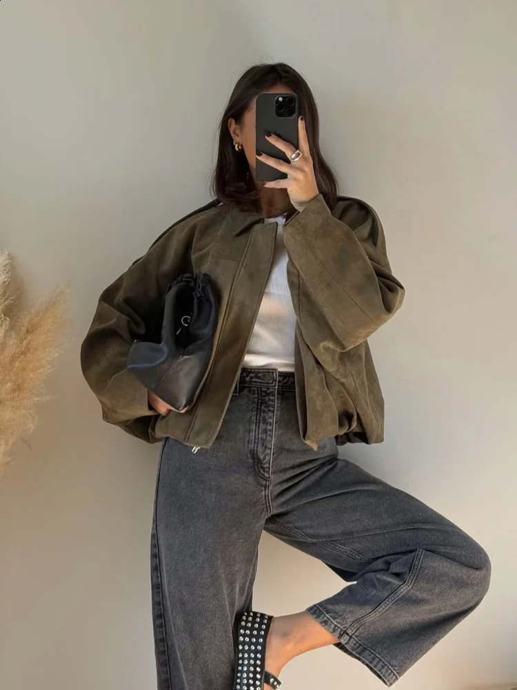 Brown Green Suede Jacket Women Lapel Zipper Long Sleeve Pockets Bomber Coat 2025 Spring Autumn Lady Loose Motorcycle Outwears 250805