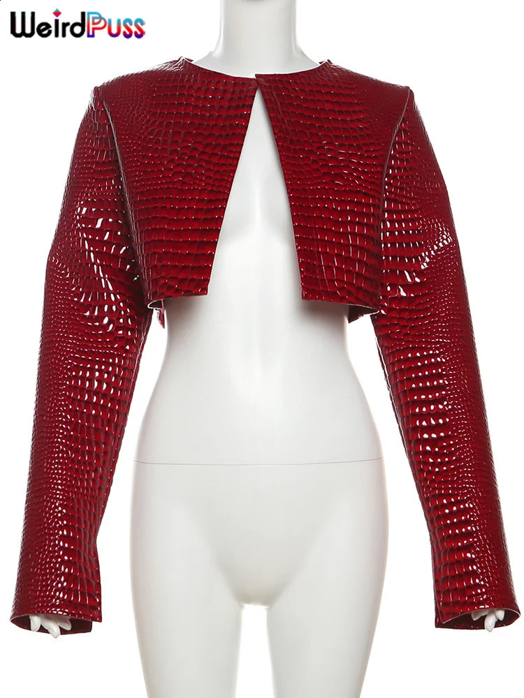 Weird Puss Faux Leather Jacket Women Hipster Snake Print Fall Trend O-Neck Full Sleeve Street Wild Basic Outwear Crop Overcoat 250811