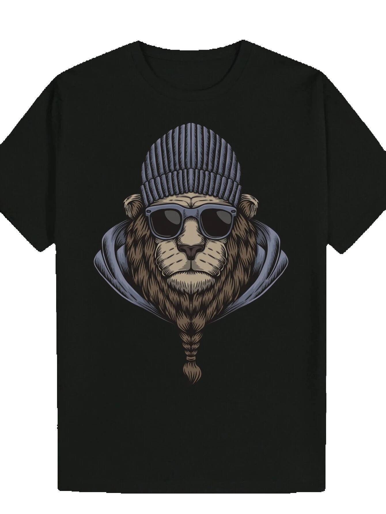 Men's Summer Round Neck Polyester - Fashionable Face Pattern, Black, Machine Washable, Suitable for Casual Wear, Lion T-Shirt