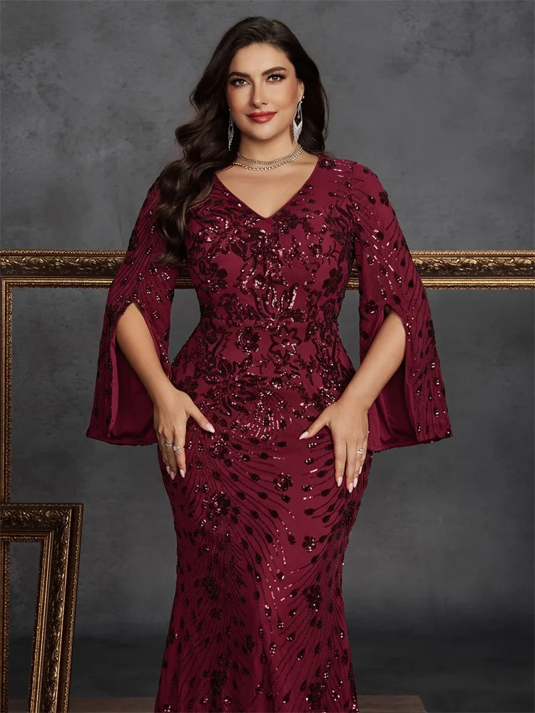 BLUEPLUM Plus Size y Black Evening Dresses Women Long Sleeve Mermaid Formal Sequins Prom Wedding Party Cocktail Gowns 250811