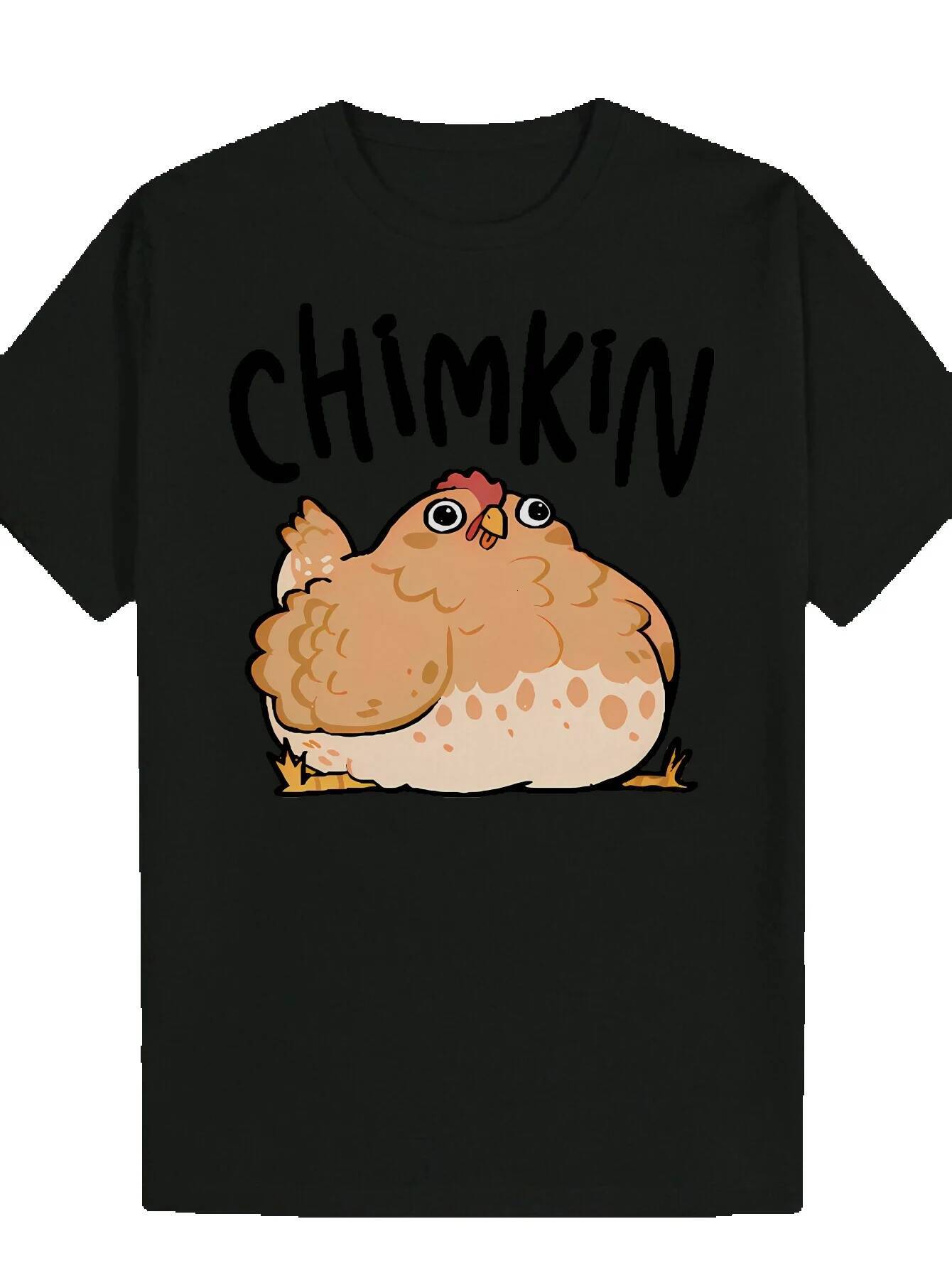 Men's Summer Short Sleeve Black 100% Polyester Fiber with Cartoon Chicken Pattern and 'CHIIN' Letters - Lightweight 180gsm Breathable C