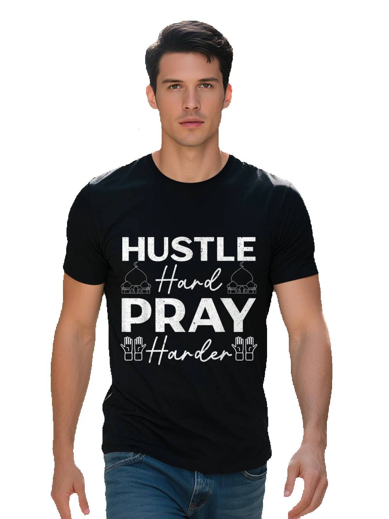 Men s g Cotton T Shirt Hustle Hard Pray Harder Muslim Islamic Graphic Tee Mosque Prayer Hands Design Black b9cb9 7a65a