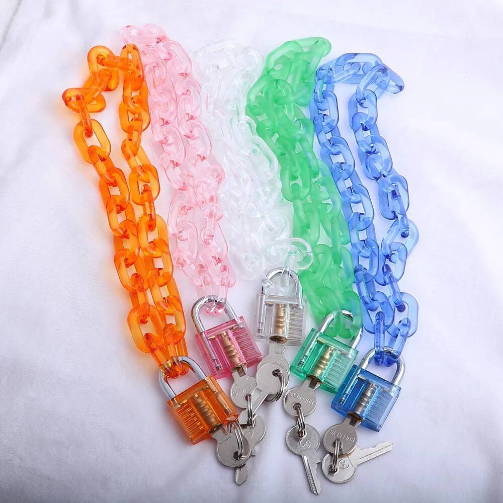 New Punk Acrylic Lock Pendant For Women Girl Pink Transparent Long Chain Necklace Nightclub Party Fashion Jewelry