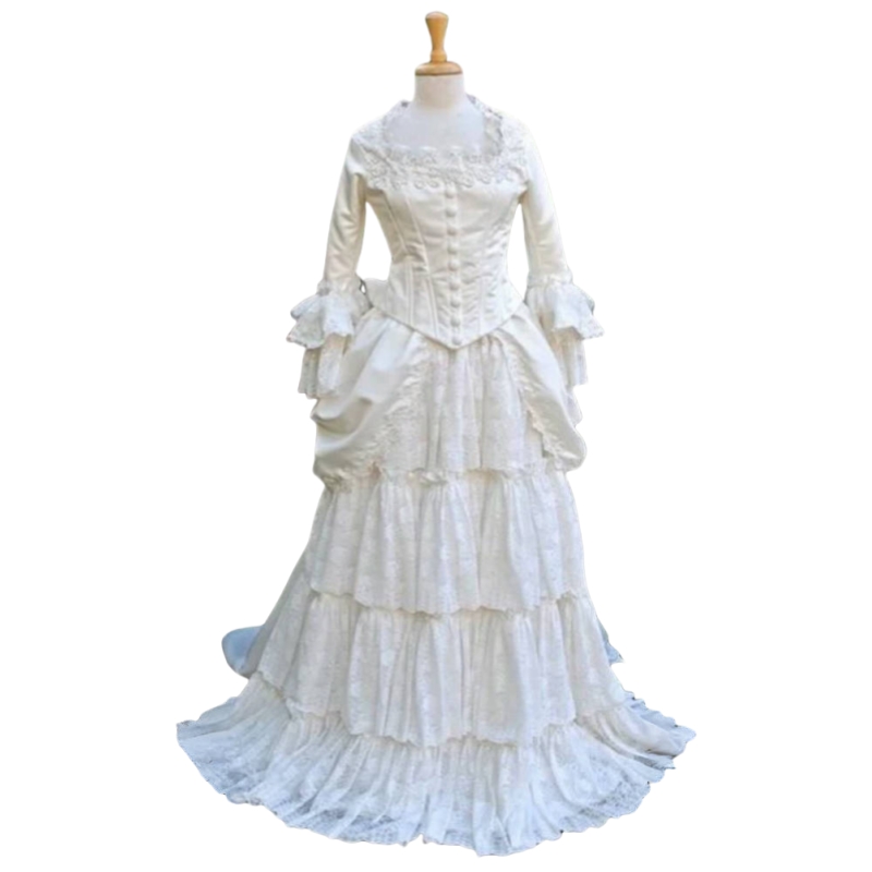 Medieval Victorian Wedding Dresses Bustle Ruched Theater Vintage Retro Bridal Gowns Lace Tiers Corset Costume Long Sleeves Women Occasion Events Wear