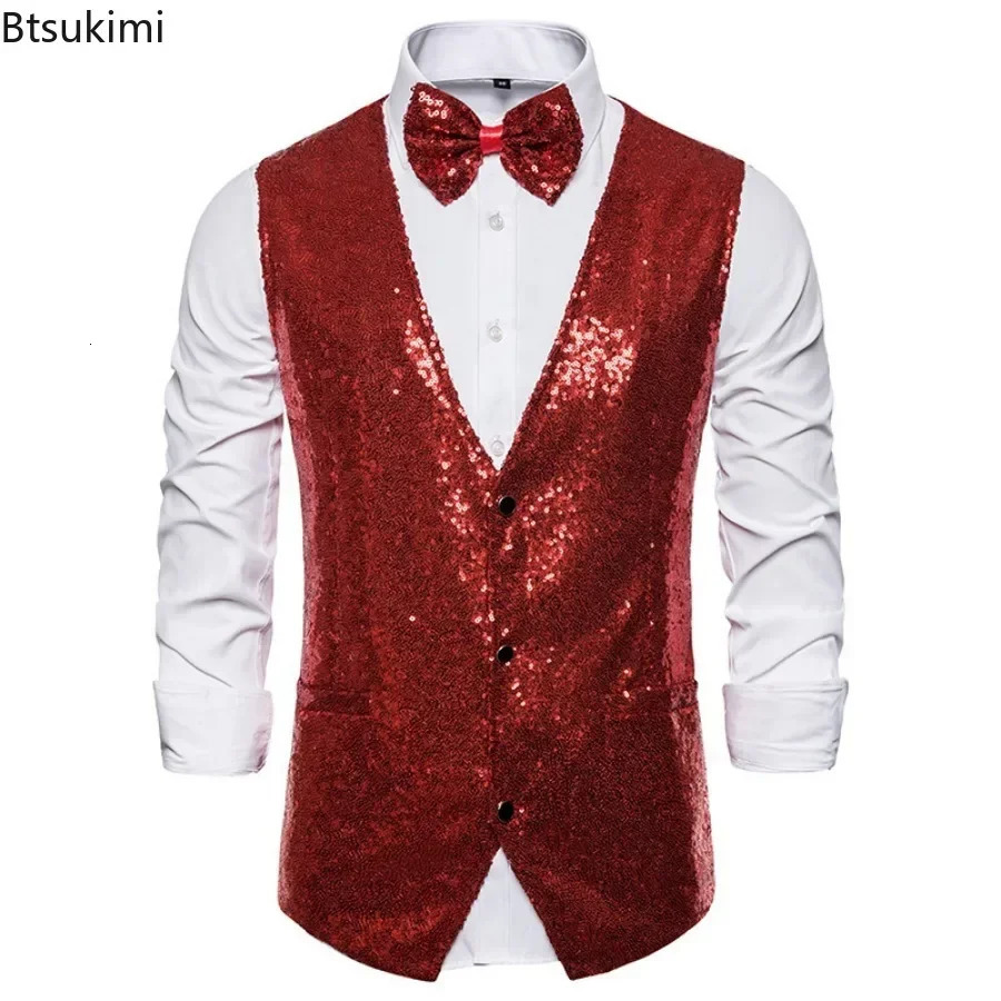 Mens Shiny Gold Sequin Glitter Embellished Blazer Waistcoat Night Club Wedding Party Stage Singers Vest 250809