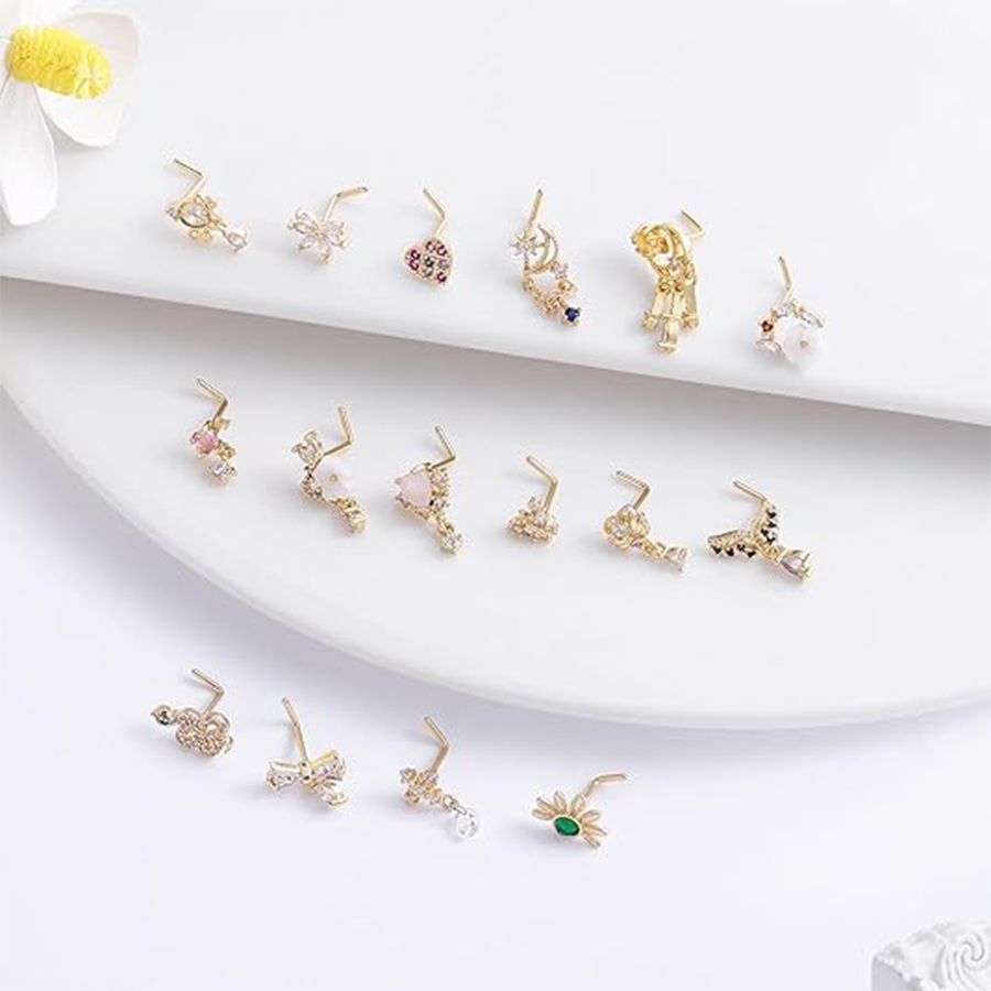 16Pcs 20G Nose Rings L Shaped Nose Studs for Women Stainless Steel Heart Snake Flower Bowknot CZ Butterfly Moon Dangle Nose Stud Ring Body Piercing Je