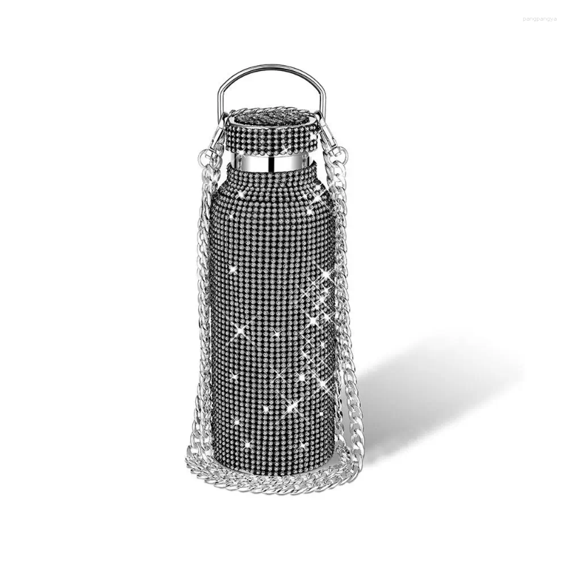 Water Bottles Thermal Rhinestone Bottle Stainless Steel Chain Bling Cups Removable Carrying Strap Refillable Glitter Tumbler Travel