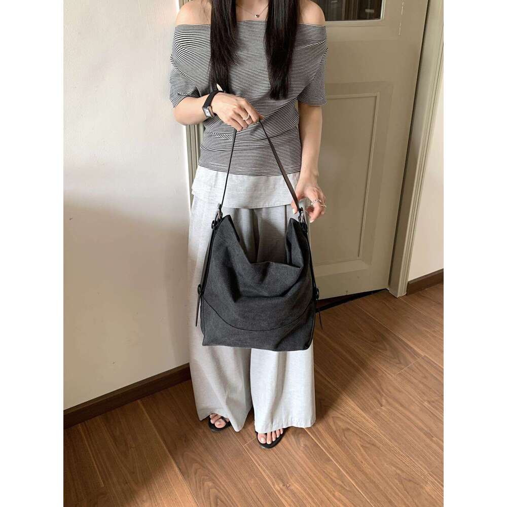 New Korean Style Large Capacity Canvas Tote Casual Commuting Versatile Single Shoulder Niche Genuine Leather Women's Bag designer bag B5