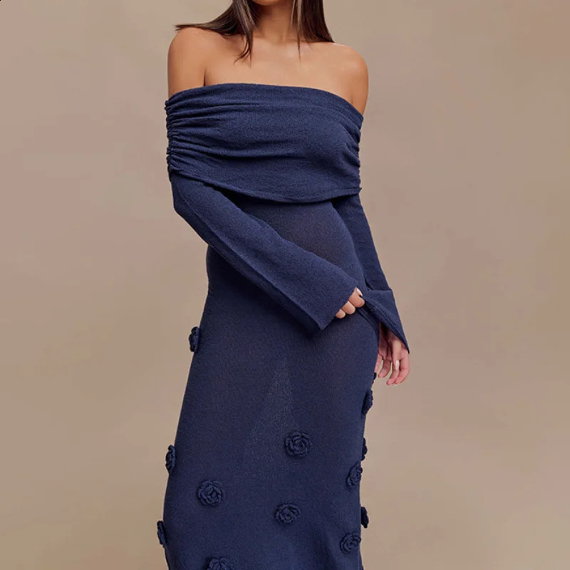 Off Shoulder Knitted Long Dresses Elegant Flowers Beach Maxi Dress Fashion Slim Party Robes Chic Lady Evening Gown 250805