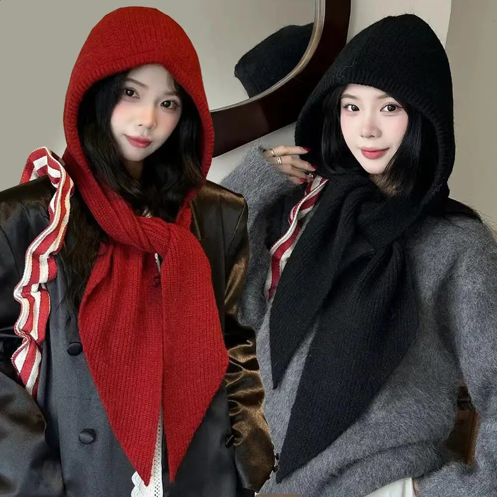 Winter Women Hooded Hat Knitting Wool Warm Balaclava Beanies Skullies For Female Girl Solid Color Outdoor Cold-proof Bonnet 250808