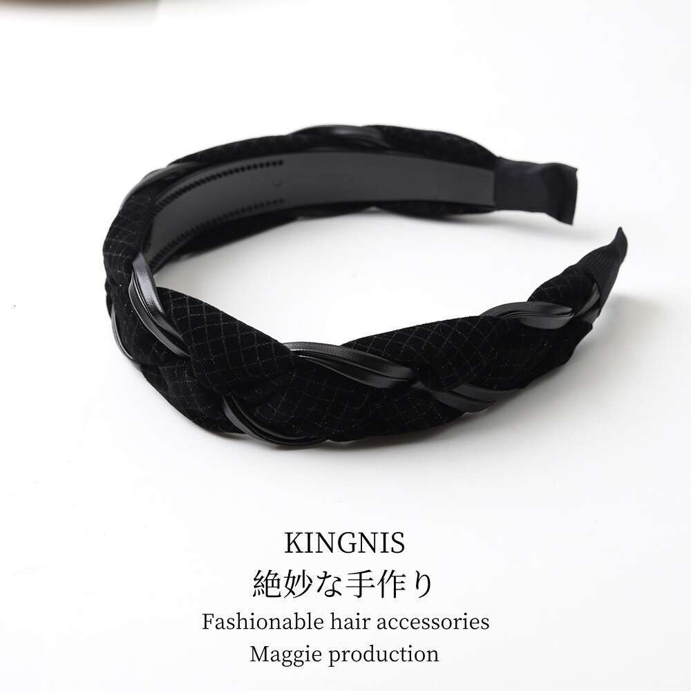 Black Elegant Double Braided Hairband Women, High Crown Narrow Edge with Teeth, Non-Slip Hair Tie, Headwear for Washing Face