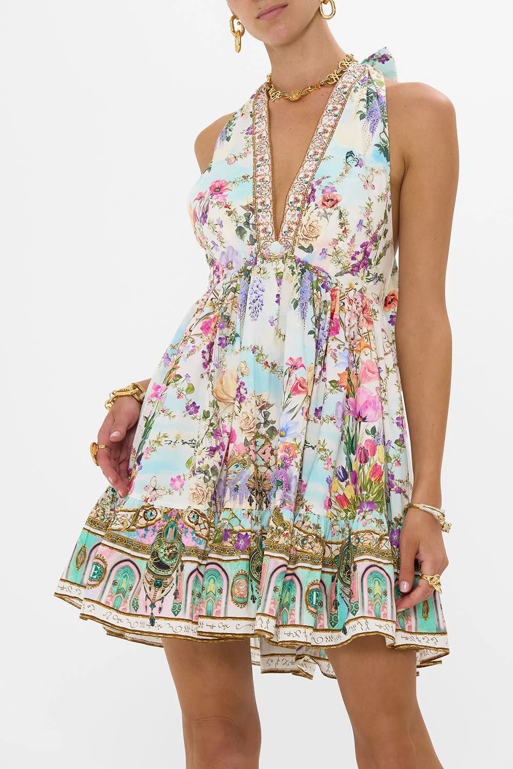 Designer Australiano Camilla Dress Halter Halter Pure Cotton Stamping Rhineston…