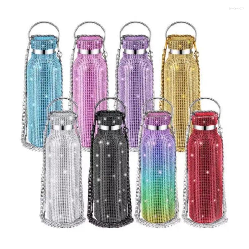 Water Bottles Thermal Rhinestone Bottle Stainless Steel Chain Bling Cups Removable Carrying Strap Refillable Glitter Tumbler Travel