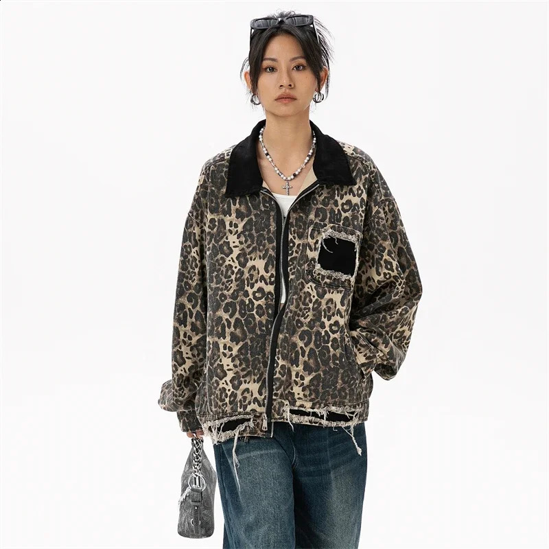 Womens Vintage Short Windbreaker Jacket Autumn Cotton Leopard Denim Jackets for Woman Womens Autumn Clothes 250811