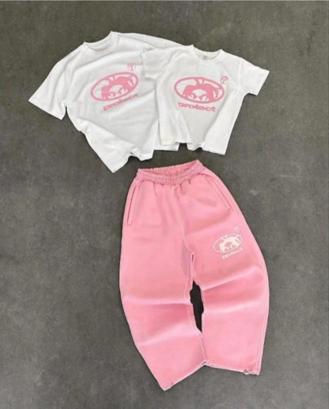 Men's Tracksuits Casual Protect Letter Graphic T Shirts Two Piece Sweatpant Clothes Men Streetwear Oversized Pink Pants Set Clothing
