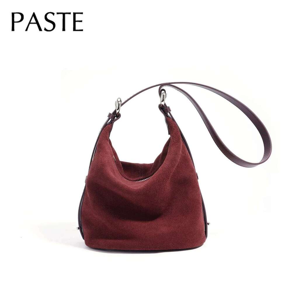 New 2025 Soft Unclassified Bucket Tote Wine Red Color Suede Cowhide Leather Women Shoulder Bag Small All-match Pouch