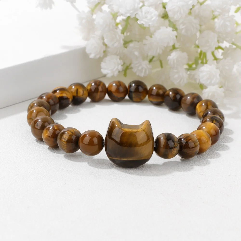 Tiger Eye Cat Head Carved Bracelet Natural Stone Quartzs Agates Animal 8mm Round Beads Elastic Bracelets For Women Men Jewelry 250805