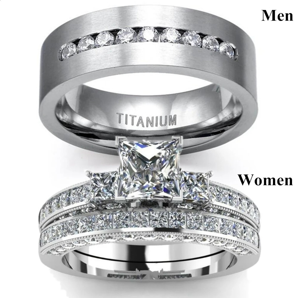 Fashion Couple Rings Mens CZ Stainless Steel Ring Women Square Cut Crystal Rhinestones Rings Set Wedding Engagement Jewelry 250805