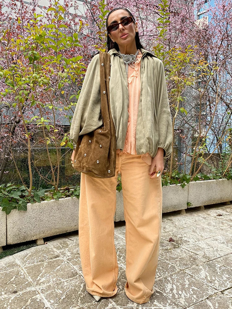 Street Loose Jackets Women Fashion Pleated Lapel Batwing Long Sleeve Female Coats 2025 Spring Summer Y2k Zipper Lady Outwears 250811