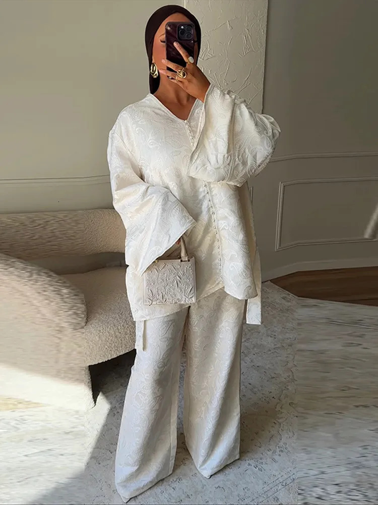 Womens Fashion Jacquard Top And Pant Set Loose Vneck Irregular Hem Wideleg Trouser Lady Chic Vintage Court Outfits 250811