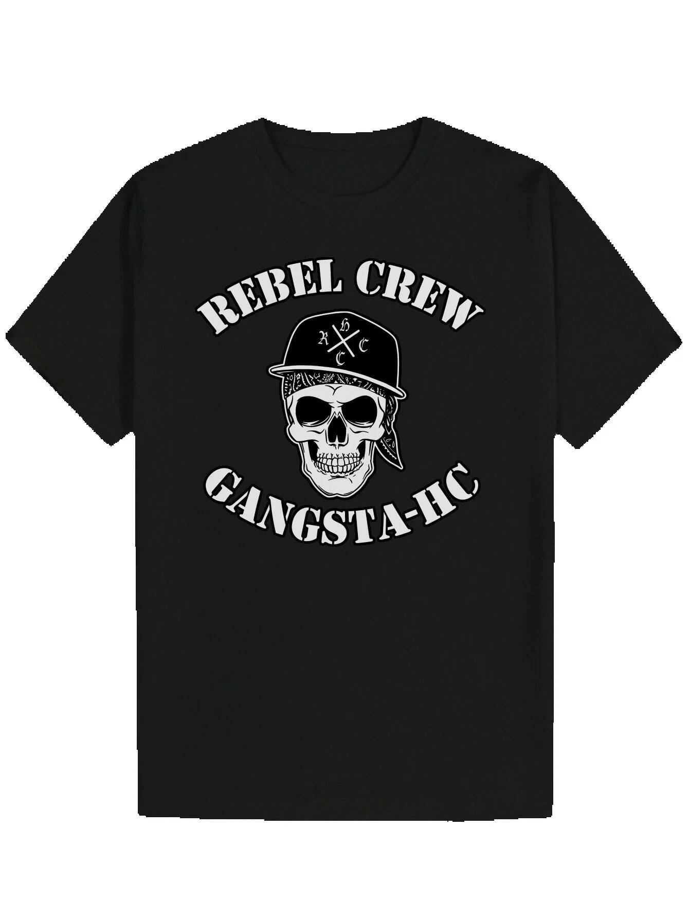 Men's Black Rebel Gangsta HC Pattern T-Shirt - 100% Polyester Summer Casual T-Shirt, Skull and Cross Sword Design, Lightweight 180gsm Breathable 