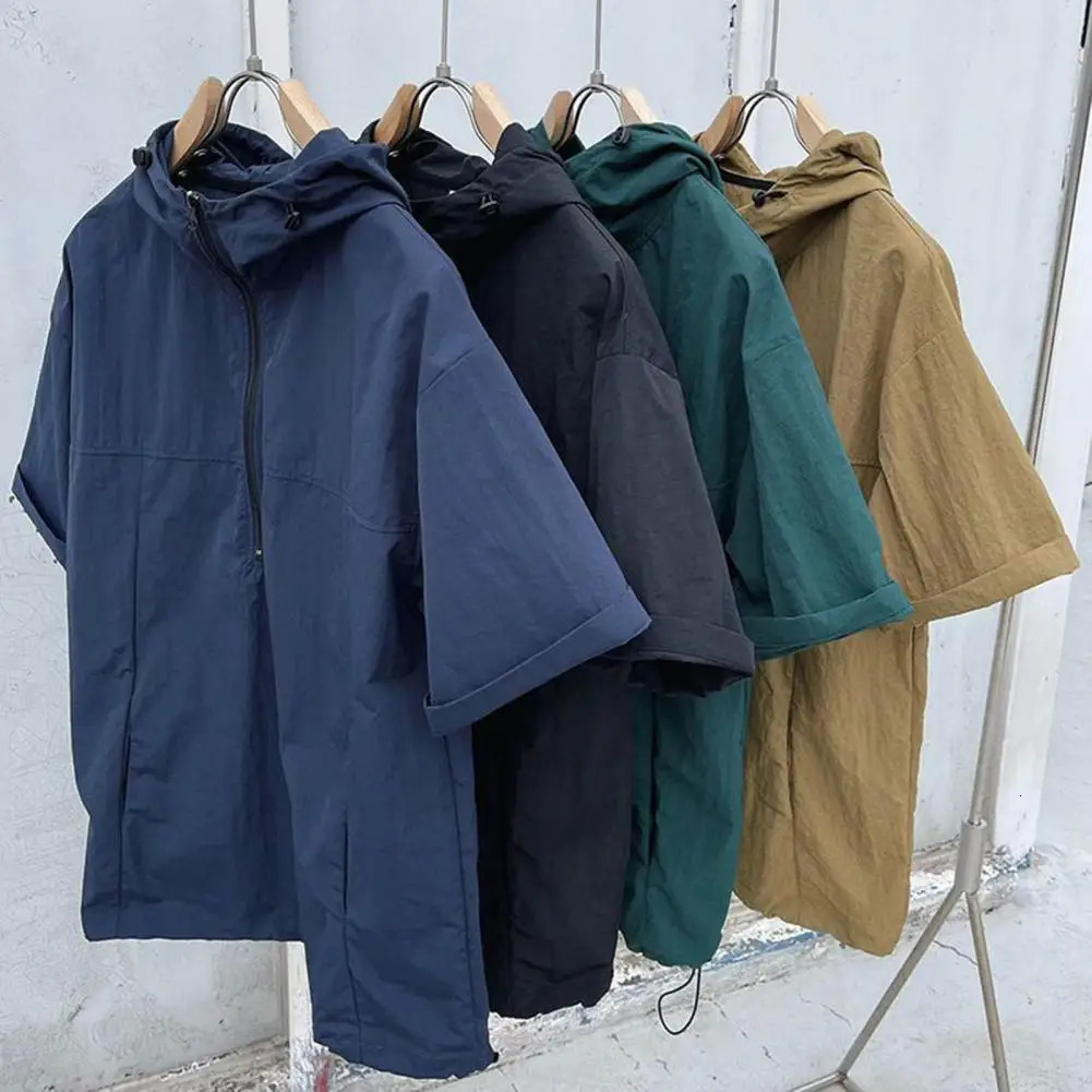 2PcsSet Men Casual Outfit Hooded Short Sleeve T-shirt Zipper Neckline Elastic Waist Wide Leg Shorts Set Loose Fit Outfit 250811