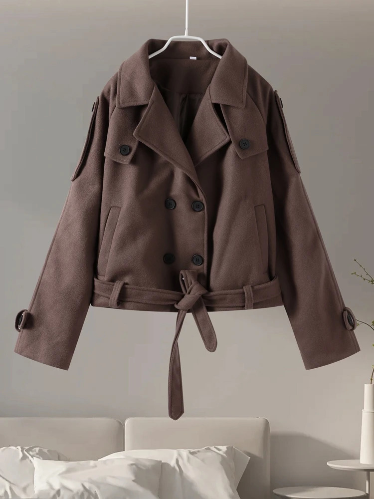 Fashion Womens Solid Double Breasted Wool Coat Lapel Short Blazer Jacket Pockets Long Sleeve Chic Spring Autumn Warm Outerwear 250809