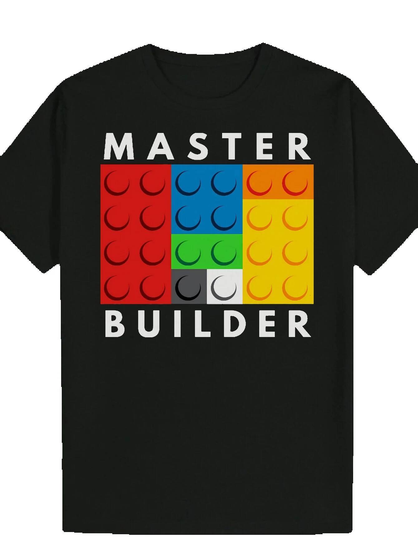 Men's T-Shirt - "Master Builder" Design with Block Print, Black Crew Neck T-Shirt, Suitable for Wear, Summer Casual Wear Pattern T-shir