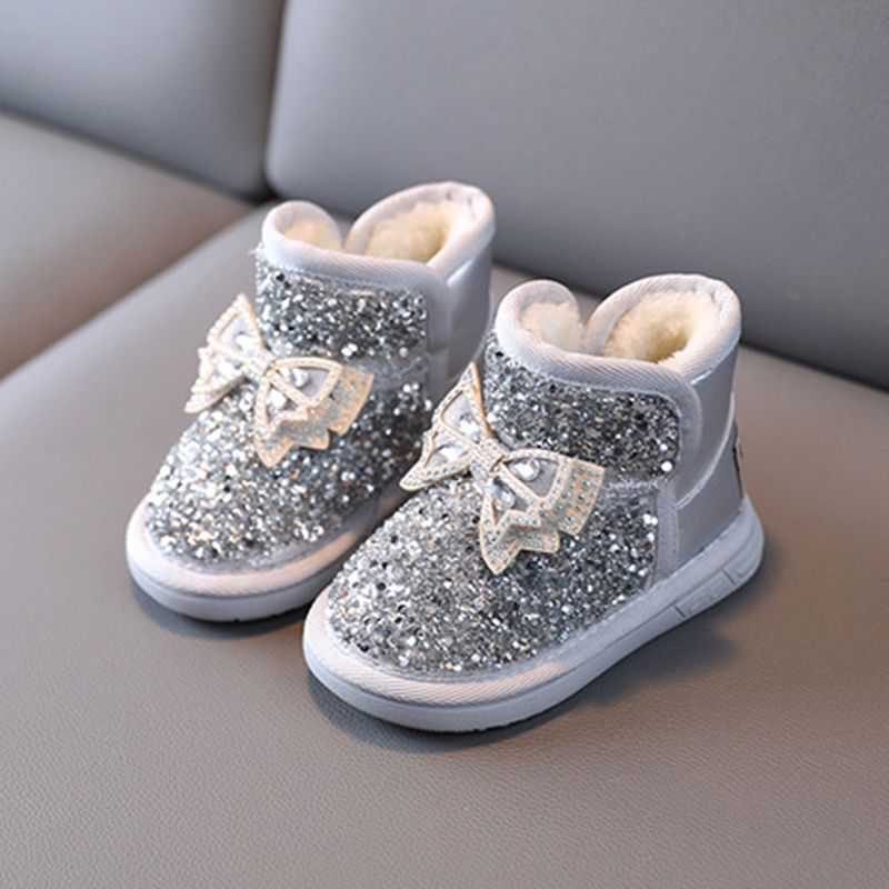Girls Snow Boots Rhinestone Sequins Kids Fashion Winter Boots Princess Child Winter Cotton Plush Glitter Toddler Boots with Bow Cutefeet Classic Size 