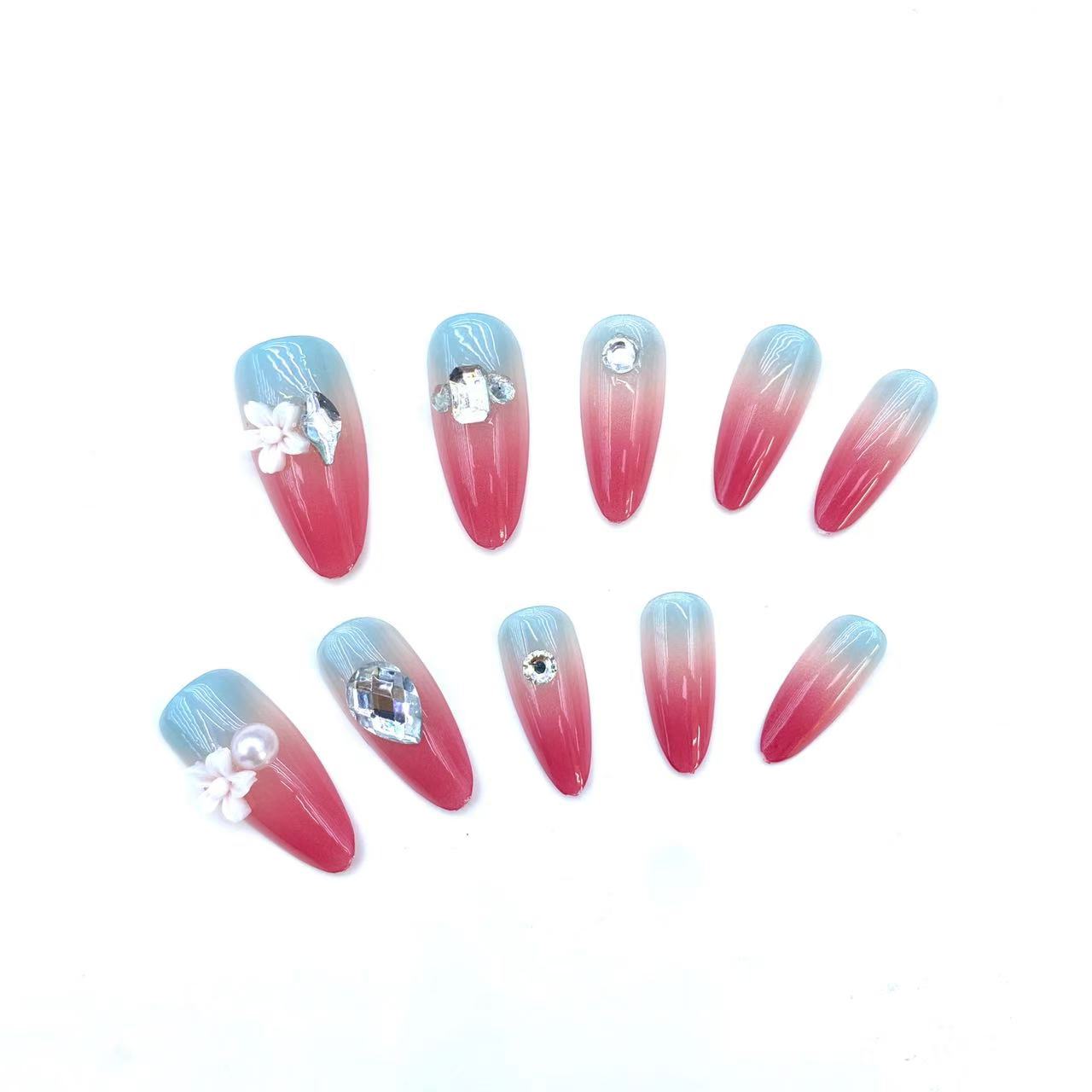 Elegant Handcrafted Press-On Nails - Set of 10 Pieces with Realistic 3D Flower Designs & Sparkling Pearls