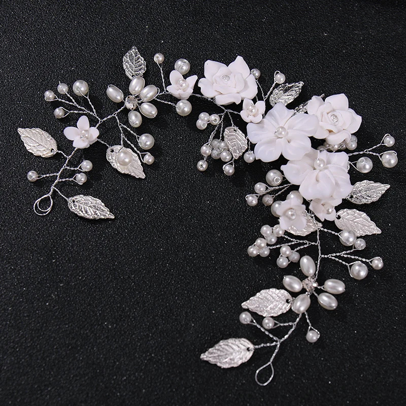 Bride Ceramic Flowers Wedding Headband with Crystal Pearls Bridal Hairband Womens Hairpin Stylish Headpiece Hair Jewelry Access 250804