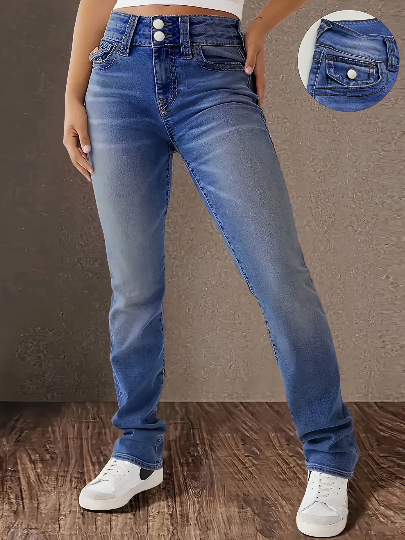 Women's Jeans Double Button Fastening Women's Straight Leg Pants - Spacious Pocket Design