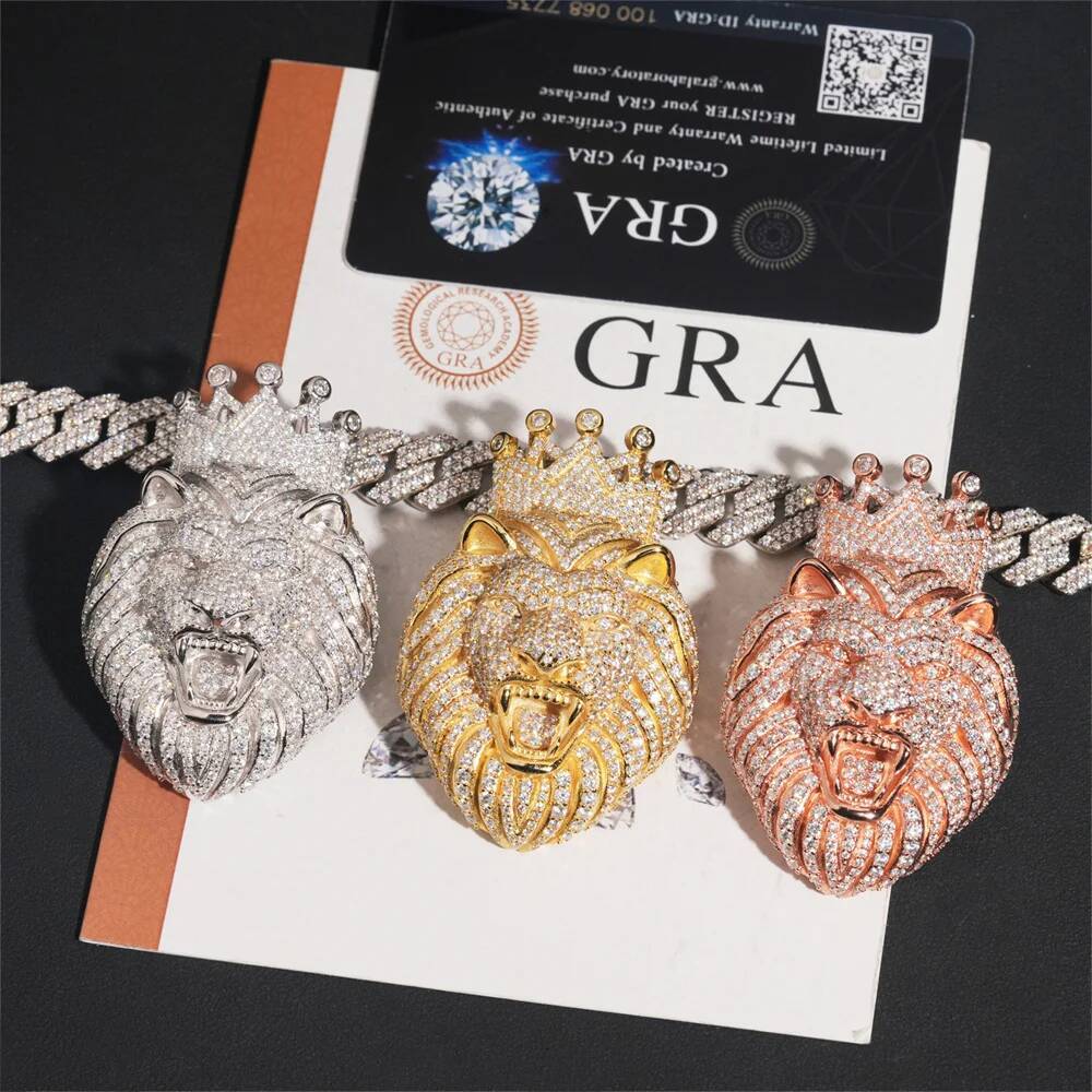 Moissminer VVS Moissanite Crown Lion Pendant Necklaces For Men Women Pass Tester S925 Silver Chain Hip Hop Jewelry GRA Free Ship