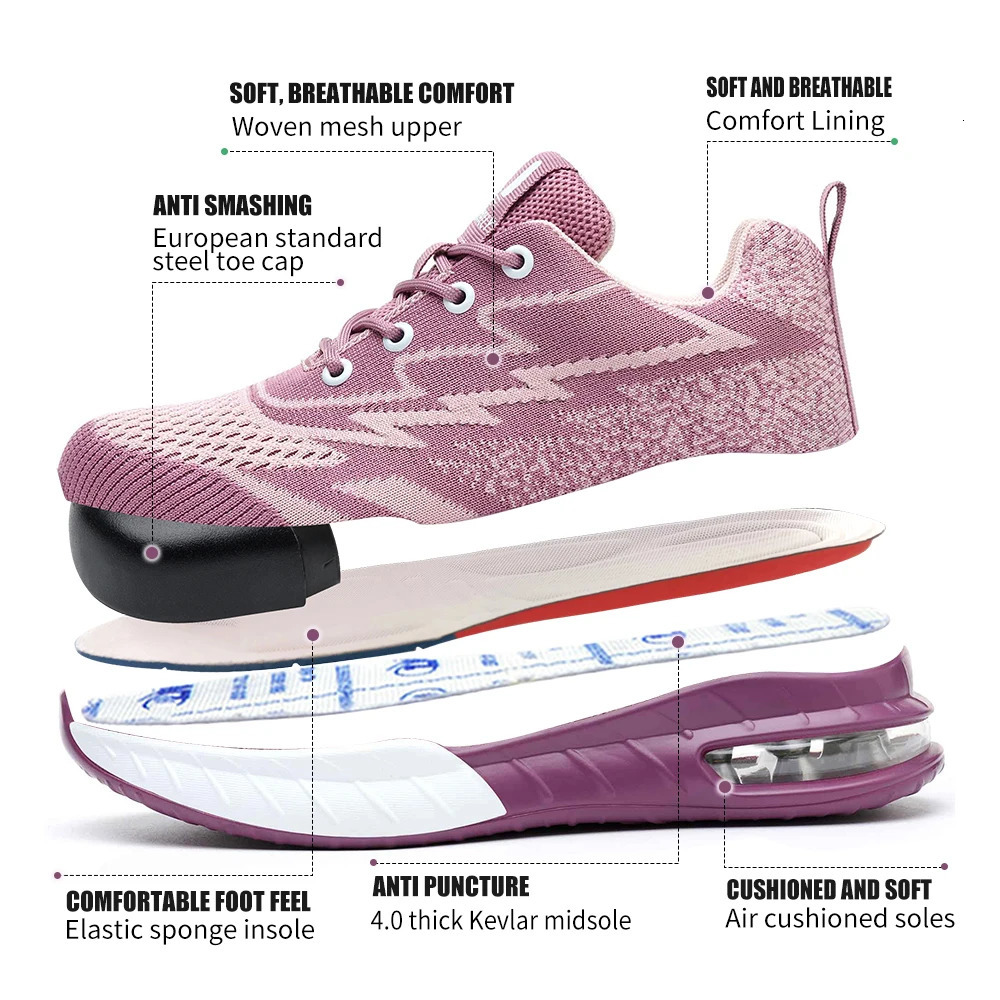 Womens Steel Toe Safety Shoes - Pink Anti Smash Anti Puncture - Wide European Sizes - Fashion Work Boots for Ladies 250805